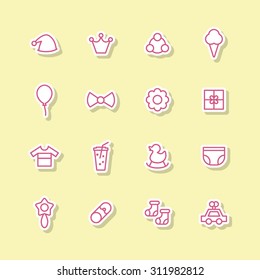 A vector graphic icon set for baby and kids, cap, crown, rattle, ice cream, balloon, reboot, flower, gift, clothes, juice, duck, rattle, pin, socks, car, toy, diaper, nappy.