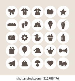 A vector graphic icon set for baby and kids, gift, balloon, hat, crown, mic, mushroom. heart, train, clothes, puzzle, star, foot, camping, ice cream, juice, camera, flower, duck, pot, baby bottle.