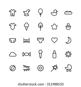 A vector graphic icon set for baby and kids, heart, moon, balloon, duck, baby bottle, star, nipple,  fireworks, stroller, baby carriage, inner wear, wooden horse, candy, mic, ice cream, flower, bed.