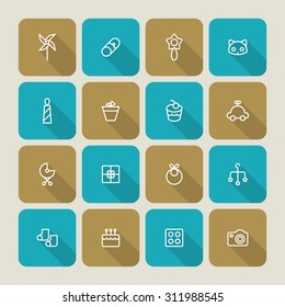 A vector graphic icon set for baby and kids, pinwheel, windmill, pin, rattle, cat, pot, cake, car, gift, stroller, baby carriage, buggy, pushchair, pram, bib, mobile, socks, lego, camera.