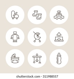 A vector graphic icon set for baby and kids, stroller, baby carriage, buggy, pushchair, pram, mobile, nipple, teat, pacifier, dummy, socks, toy, car, robot, gabe.