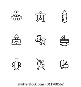 A vector graphic icon set for baby and kids, stroller, baby carriage, buggy, pushchair, pram, mobile, nipple, teat, pacifier, dummy, socks, toy, car, robot, gabe.