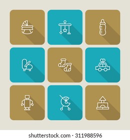 A vector graphic icon set for baby and kids, stroller, baby carriage, buggy, pushchair, pram, mobile, nipple, teat, pacifier, dummy, socks, toy, car, robot, gabe.