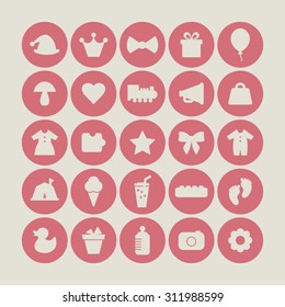 A vector graphic icon set for baby and kids, gift, balloon, hat, crown, mic, mushroom. heart, train, clothes, puzzle, star, foot, camping, ice cream, juice, camera, flower, duck, pot, baby bottle.