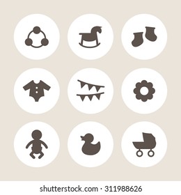 A vector graphic icon set for baby and kids, duck, doll, puppet, marionette, stroller, baby carriage, buggy, pram, rattle, wooden horse, rocking horse, hobby horse, socks, clothes, flag, garland.