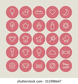 A vector graphic icon set for baby and kids, heart, moon, balloon, duck, baby bottle, star, nipple,  fireworks, stroller, baby carriage, inner wear, wooden horse, candy, mic, ice cream, flower, bed.