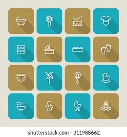 A vector graphic icon set for baby and kids, bath, rattle, drum, clothes, lego, block, foot, inner wear, diaper, nappy, pinwheel, windmill, pin, spoon, car, toy, bowl.
