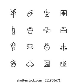A vector graphic icon set for baby and kids, pinwheel, windmill, pin, rattle, cat, pot, cake, car, gift, stroller, baby carriage, buggy, pushchair, pram, bib, mobile, socks, lego, camera.