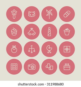 A vector graphic icon set for baby and kids, pinwheel, windmill, pin, rattle, cat, pot, cake, car, gift, stroller, baby carriage, buggy, pushchair, pram, bib, mobile, socks, lego, camera.