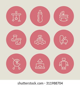 A vector graphic icon set for baby and kids, stroller, baby carriage, buggy, pushchair, pram, mobile, nipple, teat, pacifier, dummy, socks, toy, car, robot, gabe.