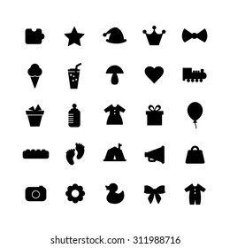 A vector graphic icon set for baby and kids, gift, balloon, hat, crown, mic, mushroom. heart, train, clothes, puzzle, star, foot, camping, ice cream, juice, camera, flower, duck, pot, baby bottle.