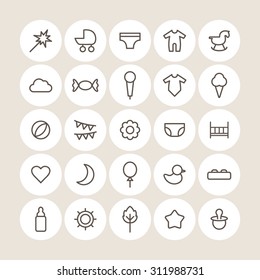 A vector graphic icon set for baby and kids, heart, moon, balloon, duck, baby bottle, star, nipple,  fireworks, stroller, baby carriage, inner wear, wooden horse, candy, mic, ice cream, flower, bed.