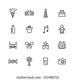 A vector graphic icon set for baby and kids, firecracker, firework, 3d, glasses, bed, ribbon, baby bottle, feeding bottle, pot, candy, mirror, cap, cake, gabe, calendar, water, camera, note.