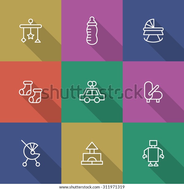 A vector graphic icon set\
for baby and kids, stroller, baby carriage, buggy, pushchair, pram,\
mobile, nipple, teat, pacifier, dummy, socks, toy, car, robot,\
gabe.
