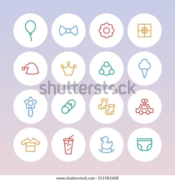 A vector graphic
icon set for baby and kids, cap, crown, rattle, ice cream, balloon,
reboot, flower, gift, clothes, juice, duck, rattle, pin, socks,
car, toy, diaper, nappy.
