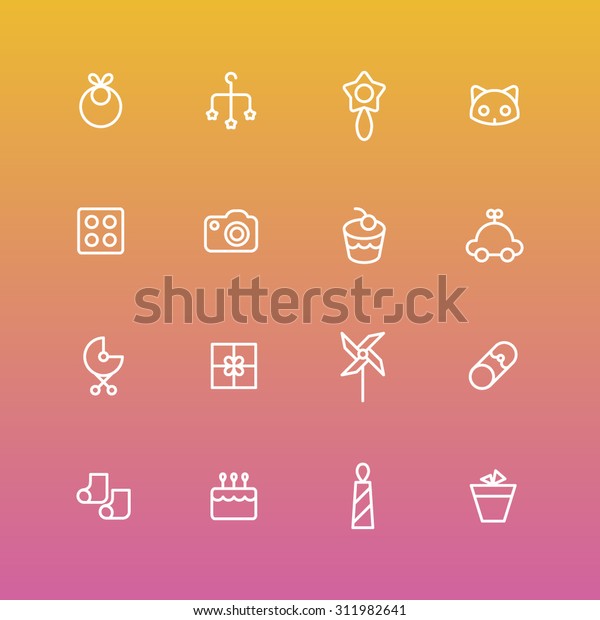 A\
vector graphic icon set for baby and kids, pinwheel, windmill, pin,\
rattle, cat, pot, cake, car, gift, stroller, baby carriage, buggy,\
pushchair, pram, bib, mobile, socks, lego,\
camera.