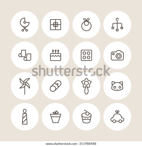 A
vector graphic icon set for baby and kids, pinwheel, windmill, pin,
rattle, cat, pot, cake, car, gift, stroller, baby carriage, buggy,
pushchair, pram, bib, mobile, socks, lego,
camera.