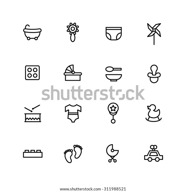A vector graphic
icon set for baby and kids, bath, rattle, drum, clothes, lego,
block, foot, inner wear, diaper, nappy, pinwheel, windmill, pin,
spoon, car, toy, bowl.