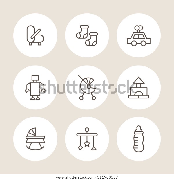 A vector graphic icon set\
for baby and kids, stroller, baby carriage, buggy, pushchair, pram,\
mobile, nipple, teat, pacifier, dummy, socks, toy, car, robot,\
gabe.