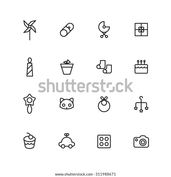 A
vector graphic icon set for baby and kids, pinwheel, windmill, pin,
rattle, cat, pot, cake, car, gift, stroller, baby carriage, buggy,
pushchair, pram, bib, mobile, socks, lego,
camera.
