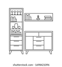 Vector graphic icon. A set of bookshelf and chest of drawers. Bookcase, library. Set of vector elements, books, shelves, vases, glasses, flowerpot with flower, chest of drawers. Furniture Icon