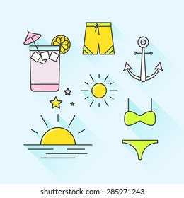 Vector graphic icon set of summer and holiday with long shadow