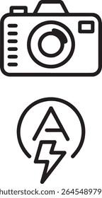Vector Graphic Icons Depicting Photography Equipment and Automatic Mode, Designed with a Minimalist and Modern Style for Versatile Use