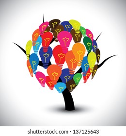 Vector graphic of idea tree with colorful bulbs as solutions. The illustration can represent concepts like collective human knowledge, intellectual property, group of successful ideas, etc