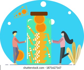 Ilustración gráfica vectorial éxito de pareja de hombres ahorra dinero. La gente ahorra dinero. 