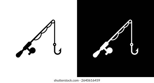 Vector graphic illustrates a fishing rod with reel and hook in both black on white and white on black, perfect for angling or recreational fishing designs.
