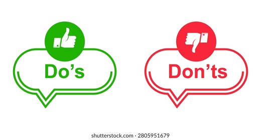 Vector graphic illustrating Dos and Donts with green thumbs up and red thumbs down icons. Ideal for checklists, guidelines, and decisionmaking presentations.