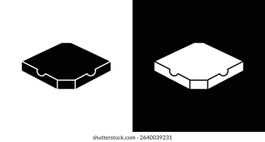 Vector graphic illustrating two isometric pizza box icons, one black on white and one white on black, showcasing packaging design in contrasting tones.