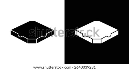 Vector graphic illustrating two isometric pizza box icons, one black on white and one white on black, showcasing packaging design in contrasting tones.
