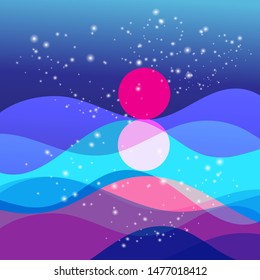 Vector graphic illustration of abstract landscape with sunny sunset and sea waves.