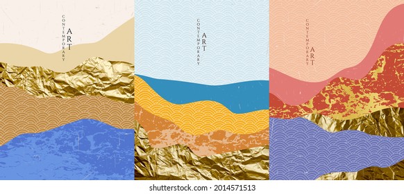 Vector graphic illustration. Abstract landscape. Mountains, hills. Japanese wavy pattern. Backgrounds collection. Asian style. Design for poster, book cover, web template, brochure. Gold foil texture