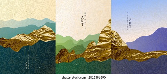 Vector graphic illustration. Abstract landscape. Mountains, hills. Japanese wavy pattern. Backgrounds collection. Asian style. Design for poster, book cover, web template, brochure. Gold foil texture