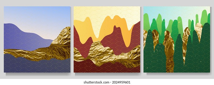 Vector graphic illustration. Abstract landscape. Mountains, hills. Japanese wavy pattern. Backgrounds collection. Asian style. Design for social media template, web banner. Gold splashes, foil texture