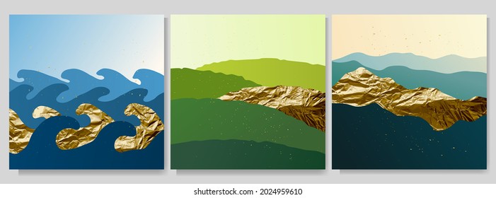 Vector graphic illustration. Abstract landscape. Mountains, sea waves, meadow hills. Backgrounds collection. Asian style. Design for social media template, web banner. Gold splashes, foil texture