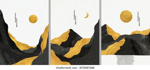 Ilustración gráfica vectorial. Paisaje abstracto. Montañas, colinas. Patrón lineal ondulado japonés. Colección de fondos. estilo asiático. Diseño para afiches, portada de libros, plantilla web, folleto. Pintura dorada