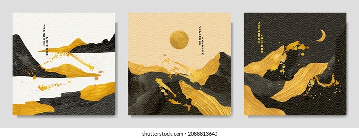 Vector graphic illustration. Abstract landscape. Mountains, hills. Japanese wavy linear pattern. Backgrounds collection. Asian style. Design elements for web banner, social media template. Gold paint