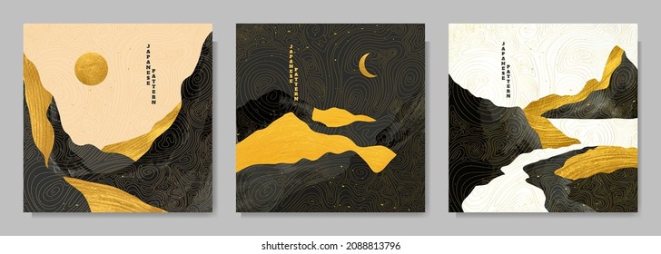 Vector graphic illustration. Abstract landscape. Mountains, hills. Japanese wavy pattern. Backgrounds collection. Asian style. Design elements for web banner, social media template. Gold paint
