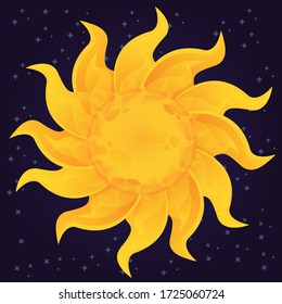 Vector graphic illustration with abstract Sun on the darck starry cosmic background. Colorful web banner.
