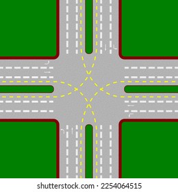 Vector graphic illustration of an aerial view of a four way traffic junction. Dotted lines across the junction show the path vehicles turning right should take