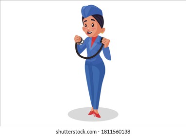 Vector graphic illustration. Air hostess is giving seat belt safety instructions. Individually on white background.