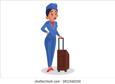 Vector graphic illustration. Air hostess is holding a suitcase. Individually on white background.