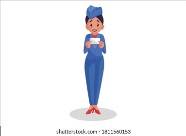 Vector graphic illustration. Air hostess is holding the ticket in hands. Individually on white background.