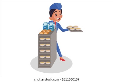 Vector graphic illustration. Air hostess is with a food trolley and holding a food tray in hand. Individually on white background.