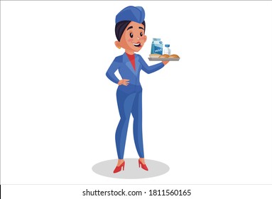 Vector graphic illustration. Air hostess is holding a food tray in hand. Individually on white background.