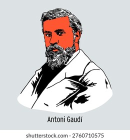 Vector graphic illustration of Antoni Gaudi, the world-famous designer of Sagrada Familia and Park Guell. Modern circular design capturing his iconic appearance for cultural and historical projects.