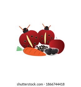Vector graphic illustration of apple, carrot, chocolate chip and grape as a bug for food decoration. Fit to place on website banner, food packaging, icon, cookbook, food tabloid, etc